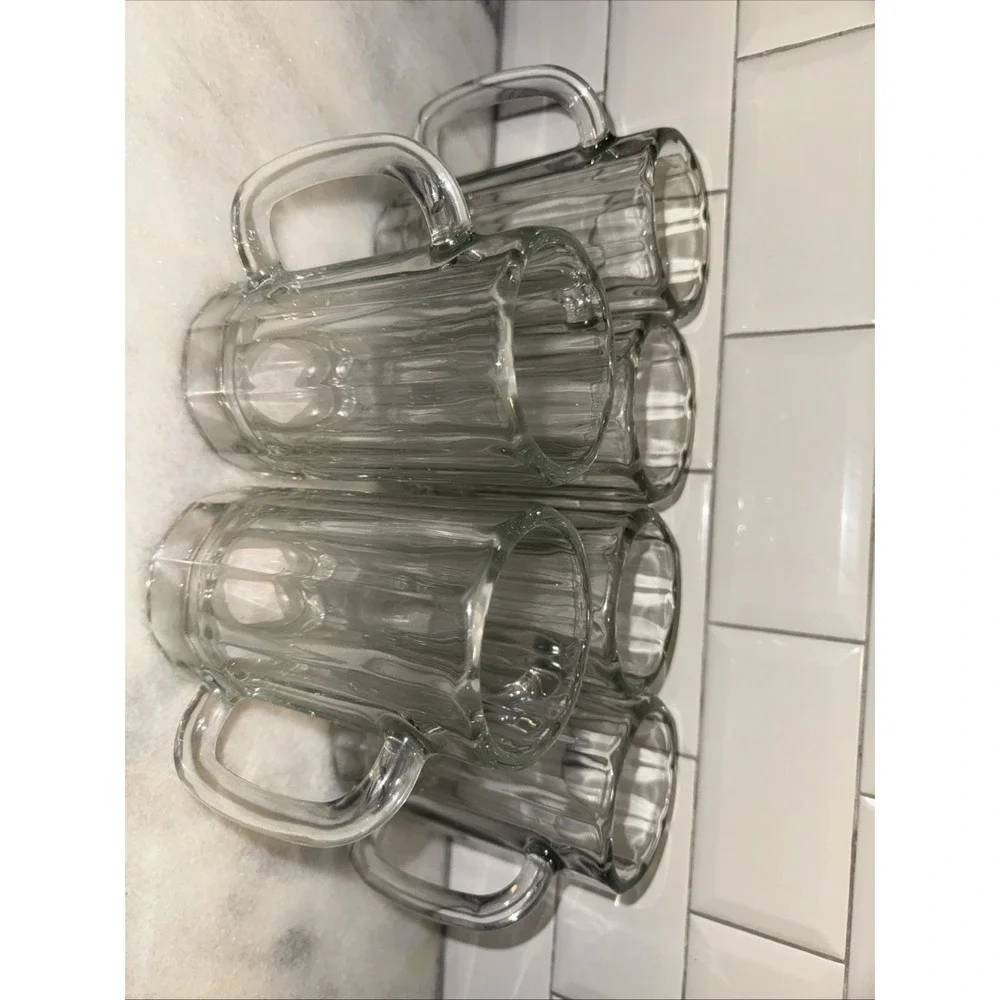Set Of 6 Vintage Thick Heavy Libbey‎ 16oz 10 Panel Beer Mugs Clear Glass GW0042